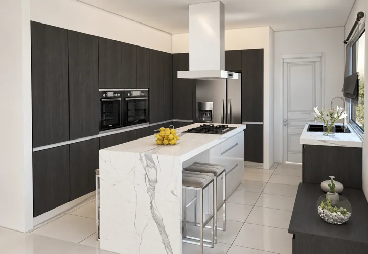 خزائن داكنة وجزيرة رخامية — Kitchen One