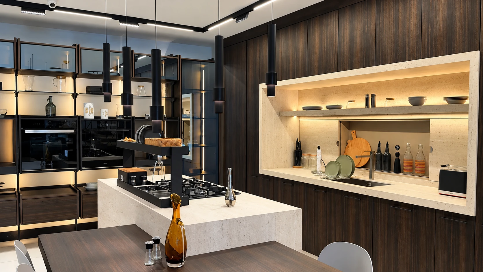 مطبخ Kitchen One داكن بإضاءة دافئة